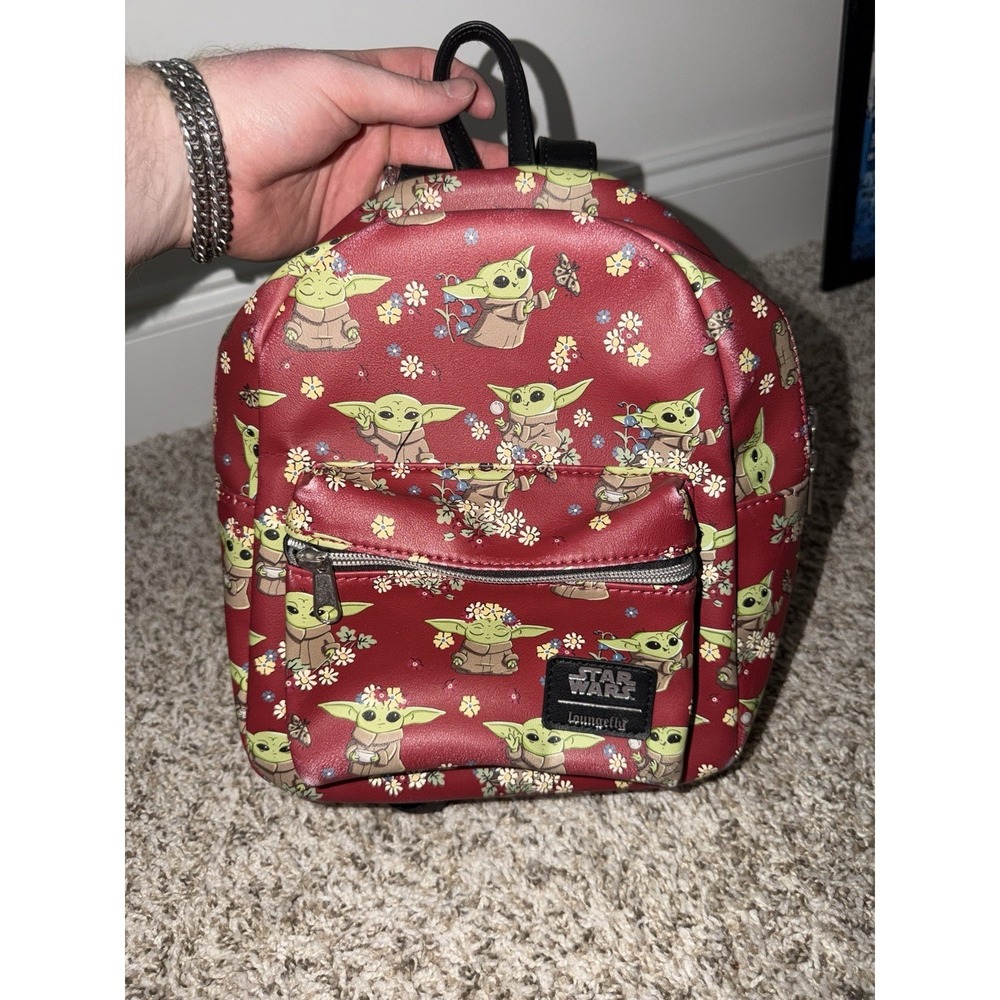 Loungefly Star Wars Grogu Mandalorian Mini Backpack Baby Yoda Red Floral AOP